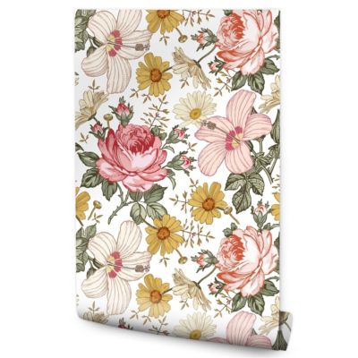 Papier Peint Pour La Chambre FLEURS Pivoines Hibiscus Pastel Nature