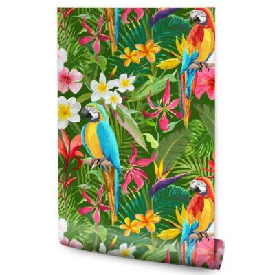 Papier Peint Pour La Chambre PERROQUETS Fleurs Tropicales Feuilles