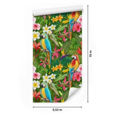 Papier Peint Pour La Chambre PERROQUETS Fleurs Tropicales Feuilles
