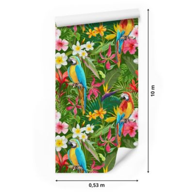 Papier Peint Pour La Chambre PERROQUETS Fleurs Tropicales Feuilles