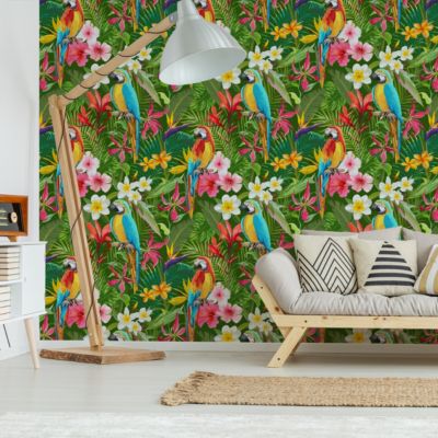 Papier Peint Pour La Chambre PERROQUETS Fleurs Tropicales Feuilles