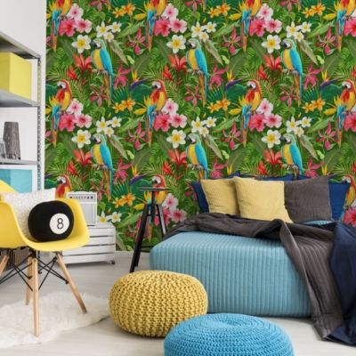 Papier Peint Pour La Chambre PERROQUETS Fleurs Tropicales Feuilles