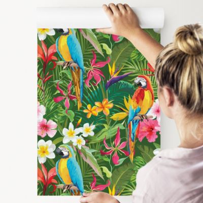 Papier Peint Pour La Chambre PERROQUETS Fleurs Tropicales Feuilles