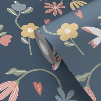 Papier peint pré-encollé vinyle fleuri Easy Roll GoodHome Blitz fleurs bleu l.53 x H.1005 cm