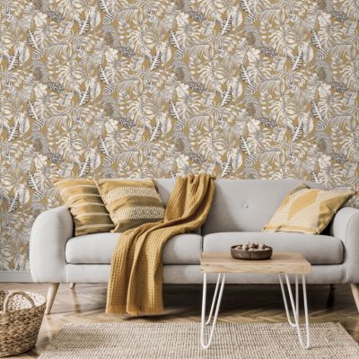 Papier peint pré-encollé vinyle intissé feuillage Easy Roll GoodHome Balito ocre l.53 x H.1005 cm