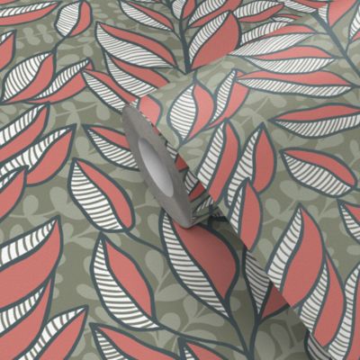 Papier peint pré-encollé vinyle intissé feuillage Easy Roll GoodHome Baotou feuilles roses l.53 x H.1005 cm