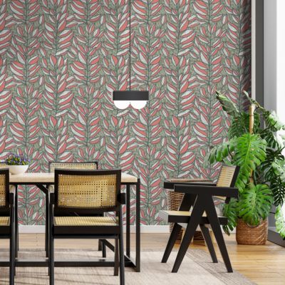 Papier peint pré-encollé vinyle intissé feuillage Easy Roll GoodHome Baotou feuilles roses l.53 x H.1005 cm