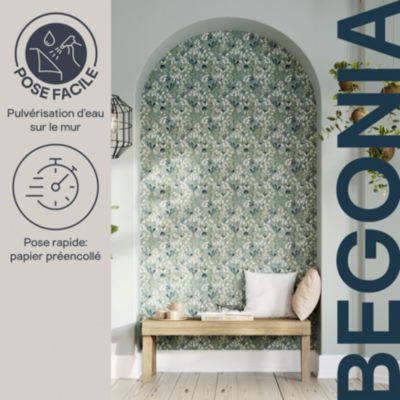 Papier peint pré-encollé vinyle intissé fleuri Easy Roll GoodHome Begonia vert l.53 x H.1005 cm
