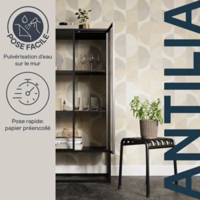 Papier peint pré-encollé vinyle intissé géométrique Easy Roll GoodHome Antilia beige l.53 x H.1005 cm