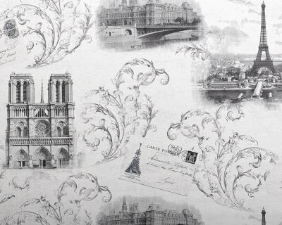Papier peint romantique EDEM 9050-10 Paris Tour Eiffel Notre Dame Papier peint intissé gaufré shabby chic satiné blanc gris