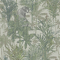 Papier peint Savana vinyle intissé jungle léopard vert L.10,05m x 53 cm