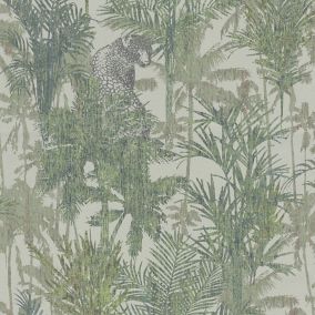 Papier peint Savana vinyle intissé jungle léopard vert L.10,05m x 53 cm