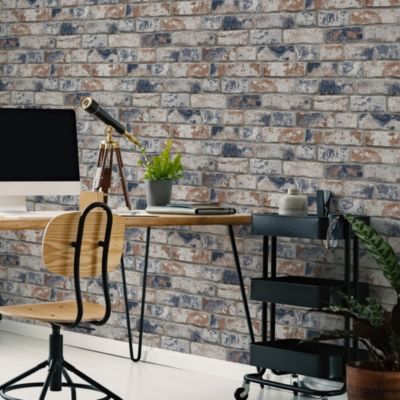 Papier peint support papier Briques vintage L.1000 x l.53cm bleu, ocre