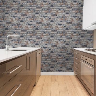 Papier peint support papier Briques vintage L.1000 x l.53cm bleu, ocre
