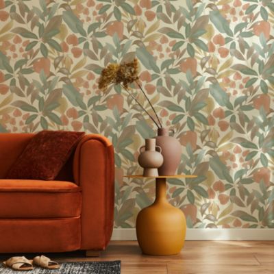 Papier peint vinyle expansé intissé feuillage Tropico vert, terracotta L.1005 x l.53cm Rasch