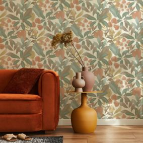 Papier peint vinyle expansé intissé feuillage Tropico vert, terracotta L.1005 x l.53cm Rasch