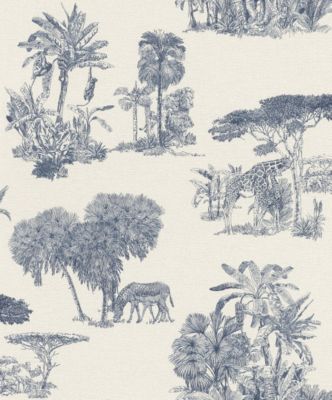 Papier peint vinyle grainé sur intissé Jouy animaux bleu marine L.1,01 x 0,53m Rasch