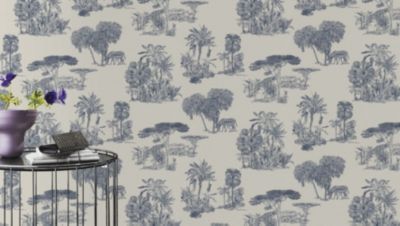 Papier peint vinyle grainé sur intissé Jouy animaux bleu marine L.1,01 x 0,53m Rasch