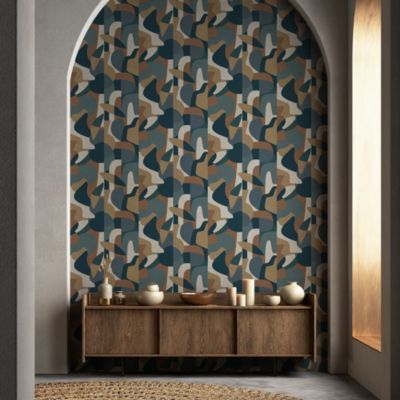Papier peint vinyle intissé Abaca origine bleu, brun cannelle L.1005 x l.53cm Lutèce