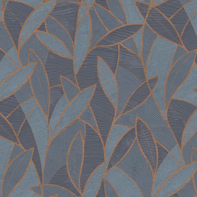 Papier peint vinyle intissé Allure Lutece mat et satiné effet cuivre feuilles, sculptées bleu, cuivre, rouille l.1005 x l.53 cm