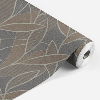 Papier peint vinyle intissé Allure Lutece mat et satiné feuilles gris, marron, poivre, argent l.1005 x l.53 cm