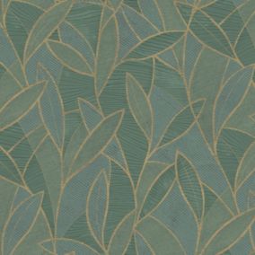 Papier peint vinyle intissé Allure Lutece mat et satiné feuilles, sculptées vert, or l.1005 x l.53 cm