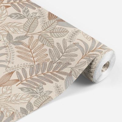 Papier peint vinyle intissé Allure Lutece mat et satiné feuilles taupe, beige, marron, gris, rouille l.1005 x l.53 cm