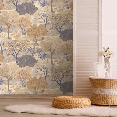 Papier peint vinyle intissé Allure Lutece mat et satiné fôret, arbre, paysage beige, marron, bleu l.1005 x l.53 cm