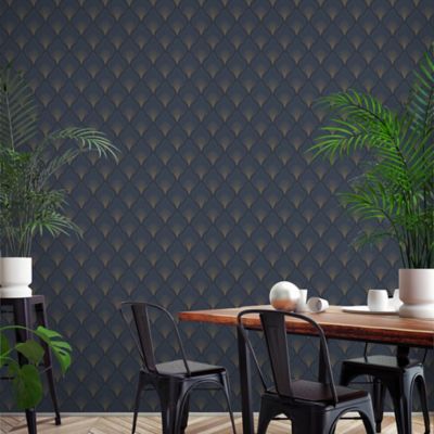 Papier peint vinyle intissé art déco bleu marine, doré L.1000 x l.53cm GoodHome, Aspelta