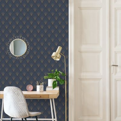 Papier peint vinyle intissé art déco bleu marine, doré L.1000 x l.53cm GoodHome, Aspelta
