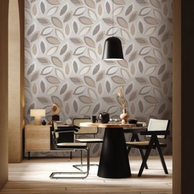 Papier peint vinyle intissé Craft feuillage poivre et ficelle gris, taupe L.1005 x l.53cm Lutèce