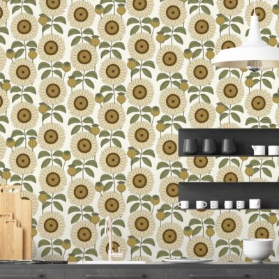 Papier peint vinyle intissé Cuisines & Bains Lutece mat et satiné tournesol, fleurs beige, orcre, blanc l.1005 x l.53 cm