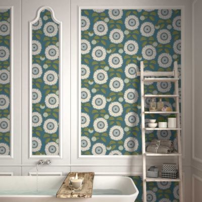 Papier peint vinyle intissé Cuisines & Bains Lutece mat et satiné tournesol, fleurs bleu, vert l.1005 x l.53 cm