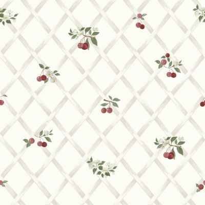Papier peint vinyle intissé Cuisines & Bains Lutece mat et satiné treillis, cerise rouge, beige, blanc l.1005 x l.53 cm