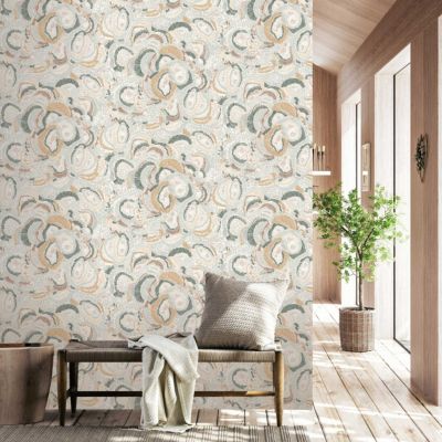 Papier peint vinyle intissé Dolce coquillage rose, vert L.1005 x l.53cm Lutèce
