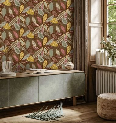 Papier peint vinyle intissé Dolce vita feuillage automne marron, jaune ocre, L.1005 x l.53cm Lutèce