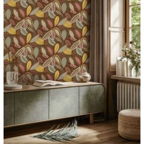 Papier peint vinyle intissé Dolce vita feuillage automne marron, jaune ocre, L.1005 x l.53cm Lutèce
