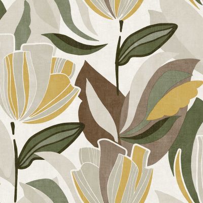 Papier peint vinyle intissé Dolce vita tulipes jaune moutarde, marron L.1005 x l.53cm Lutèce