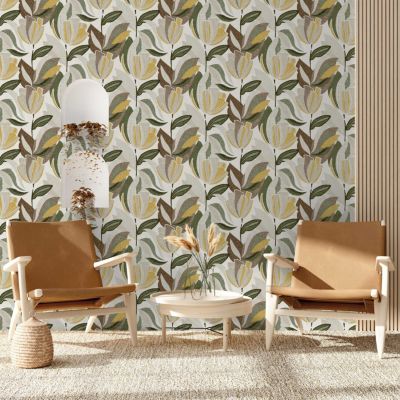 Papier peint vinyle intissé Dolce vita tulipes jaune moutarde, marron L.1005 x l.53cm Lutèce