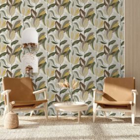 Papier peint vinyle intissé Dolce vita tulipes jaune moutarde, marron L.1005 x l.53cm Lutèce