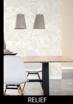 Papier peint vinyle intissé expansé feuillage beige L.1005 x l.53cm, Rasch Jungle sertie