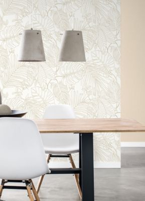 Papier peint vinyle intissé expansé feuillage beige L.1005 x l.53cm, Rasch Jungle sertie