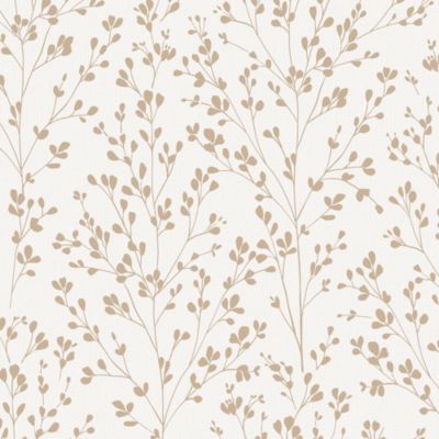 Papier peint vinyle intissé feuillage Omura doré, blanc L.1005 x l.53cm Grandeco