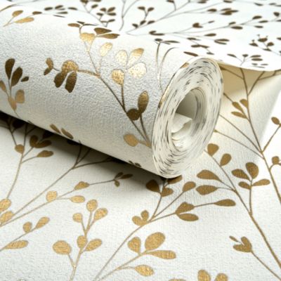 Papier peint vinyle intissé feuillage Omura doré, blanc L.1005 x l.53cm Grandeco