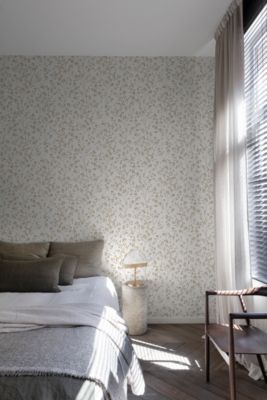 Papier peint vinyle intissé feuillage Omura doré, blanc L.1005 x l.53cm Grandeco