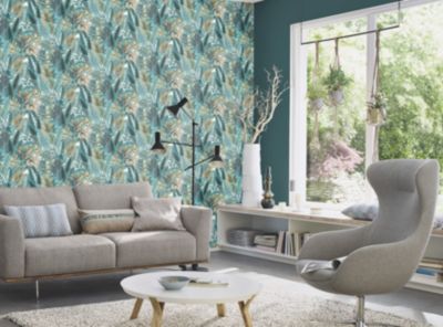 Papier peint vinyle intissé feuillage tropical bleu L.1001 x l.53cm Rasch, Amazonia