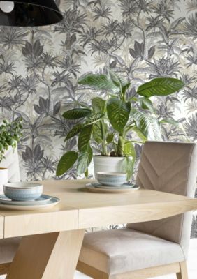 Papier peint vinyle intissé feuillage tropical noir, doré L.1001 x l.53cm Rasch