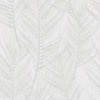Papier peint vinyle intissé feuilles palmier gris blanc l.52 cm x L.10,05 m