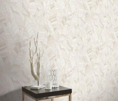 Papier peint vinyle intissé feuilles tropicales beige et blanc cassé L.1005 x l.53cm, Erismann Serenade