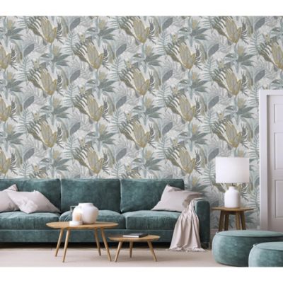 Papier peint vinyle intissé Fidji feuillage bleu pétrole L.1005 x l.53cm Lutèce